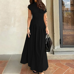Abito lungo da donna elegante con spalle scoperte, in maglia slim a maniche corte, con ampia gonna a ruota, per primavera estate, di tendenza, sexy e popolare - Product Image 4