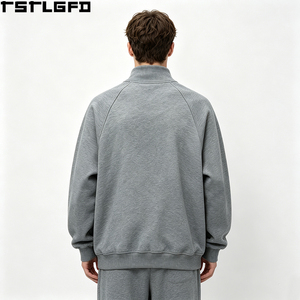 Custom Mock Neck Raglan <b>Sweatshirt</b> Men Heather <b>Grey</b> Oversized Fleece Voluminous Sleeve Wholesale Bulk - Product Image 2