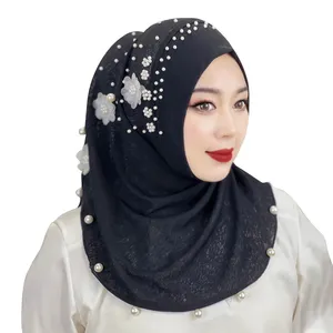 Wholesale New Fashion hijab Muslim Women Turban Hats with Pearls Beaded Turban foulard Hijab