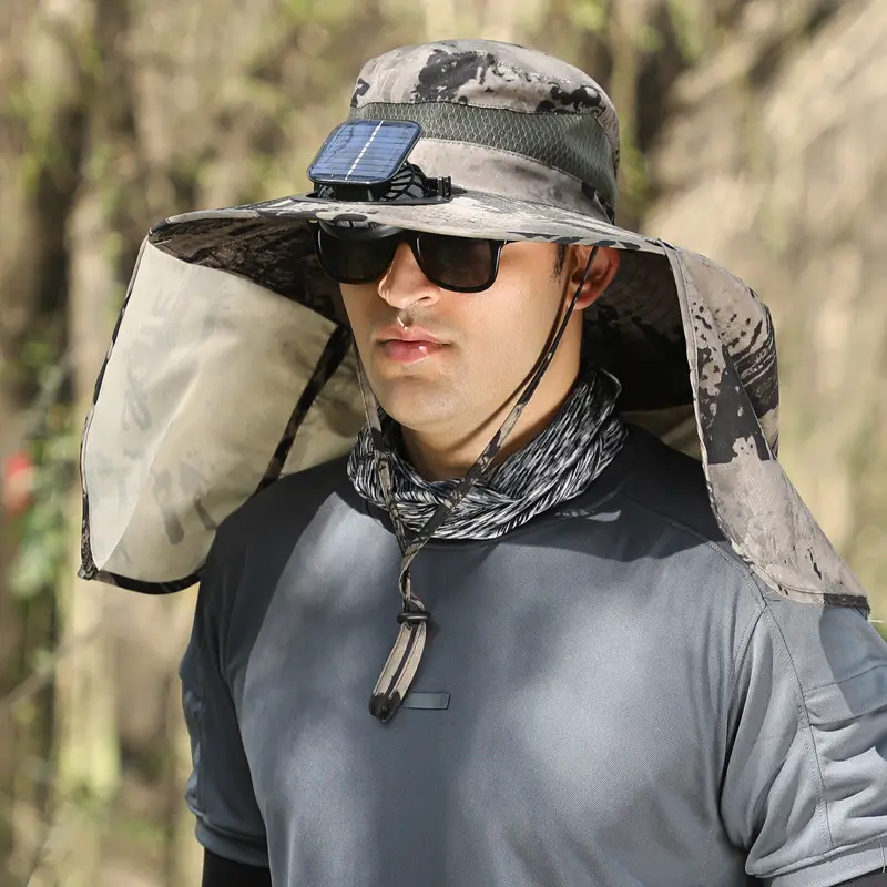 Hochwertiger solarbetriebener UV-Schutz Outdoor-Ventilator Hut Tarnfischer Sonne-Eimer-Mütze mit Lüfter