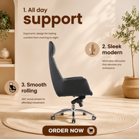 Chaise de bureau de direction ergonomique de luxe à dossier haut moderne en cuir véritable pivotante réglable en hauteur avec structure en aluminium