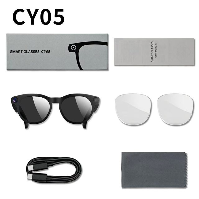 2026 New CY05 Smart Glasses 1080P HD Live Video Camera IPX-5 Waterproof Real-Time Translation AI Touch Button Control Type-C