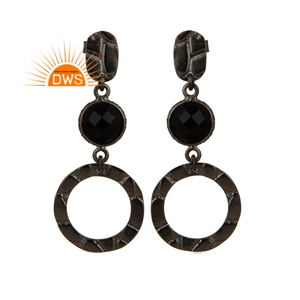 New Looking Black <b>Onyx</b> Gemstone <b>Earrings</b> Wholesale Black Rhodium Plated Texture 925 Silver Dangle <b>Earrings</b> Jewelry - Product Image 1