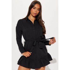 Vestido Mini Camisero Holgado de Color Liso con Solapa, Estilo de Moda, Versátil y con Efecto Arrugado, Venta al por Mayor - Product Image 4