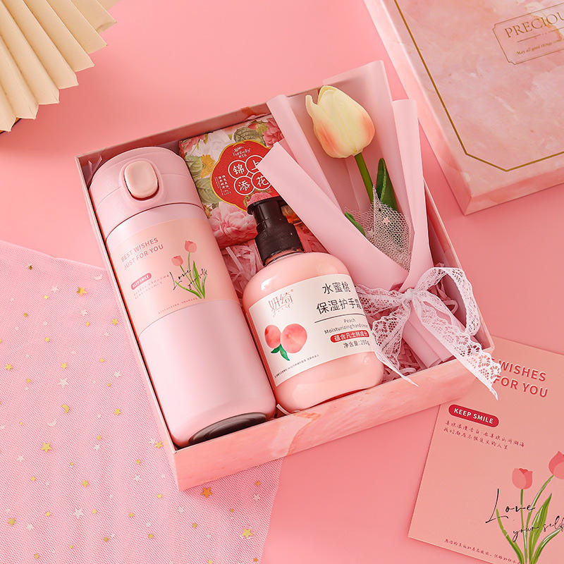 [Pink] thermos cup + hand cream + soap + flower
