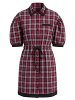 Robe mini haut de gamme pour femme, rouge à carreaux, à manches bouffantes, col chemise, ceinture à nouer, boutonnée, en mélange de coton, coupe ample, décontractée, style A-line, pour l'été