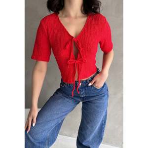 DEFILE Women's <b>Red</b> V-Neck Tie-Front Waffle Textured Crop <b>Blouse</b> Top for Casual Summer and Spring Wear - Product Image 1