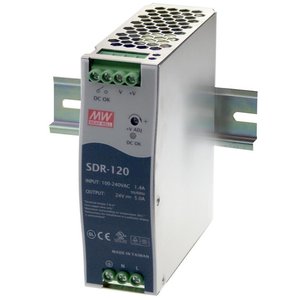Alimentation électrique sur rail DIN Mean Well SDR-120, 24V 5A, sortie simple, entrée 220VAC, industrielle, efficacité 0,93, -40°C à +85°C - Product Image 1