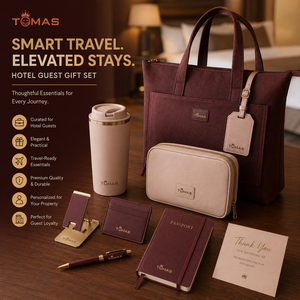 Corporate Guest Loyalty Gift Set With Travel Mug Notebook Phone Stand Luggage Tag Water Bottle Passport Holder & Thank You Card - Product Image 1