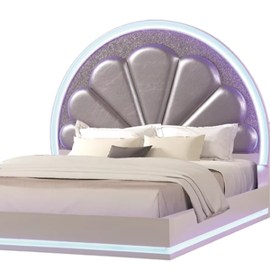 <b>Queen</b> <b>Size</b> Modern Adjustable LED Storage <b>Bed</b> with Wood Upholstery in Milky White - Product Image 1