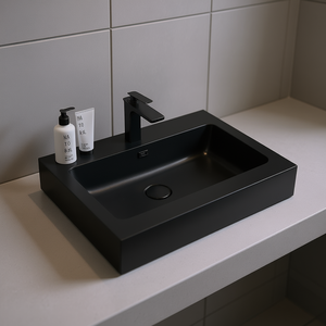 Lavabo de Cuarzo Rectangular Negro Mate, Montaje en Pared, Fácil de Limpiar, Modelo D0100H5X0YJ - Product Image 2