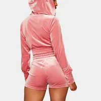 Track Suit Velour Sweat Shorts Set OEM Wholesale Fashion Crop Track Suit 2 Piece Sweat Suit Women Velour Zip Up Hoodie Shorts Set