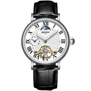 <span class=keywords><strong>Montre</strong></span> automatique pour <span class=keywords><strong>homme</strong></span> de style rétro, boîtier en acier inoxydable, verre, phase de lune, bracelet en cuir noir ajouré, résistant à l'eau - Product Image 3