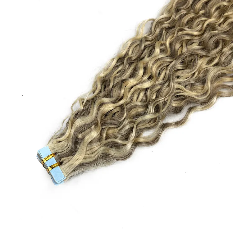 Wholesale original curly blonde european wavy 28 inch seamless double drawn tape hair extensions