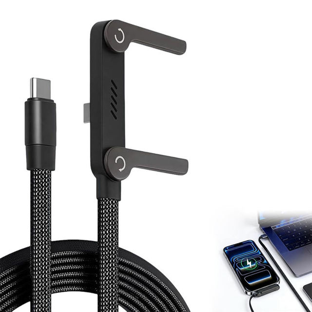 2-in-1 USB C Cable 240W Fast Charging Type C Charging Cable with Invisible Phone Stand Braided Holder for Smartphones Tablets