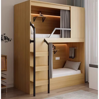 Lit superposé moderne en métal et bois, fermé et sécurisé, avec escalier, idéal pour auberges de jeunesse, dortoirs scolaires, hôtels e-sport