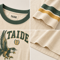 T-shirt universitaire TaiDe certifié GRS, avec imprimé aigle et rayures sur les manches, coupe oversize, logo personnalisé, fabricant ODM en gros