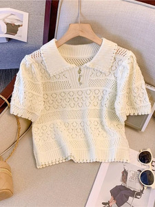 Camiseta Polo de Verão com Gola, Crochê Vazado Exclusivo, Solta e Leve, Suéter de Tricô Fresco e Fino - Product Image 1