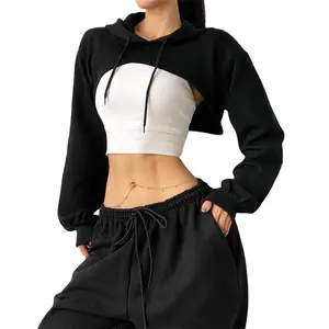 Yoga kırpma üst seksi İpli egzersiz Hoodie spor tişörtü kadın