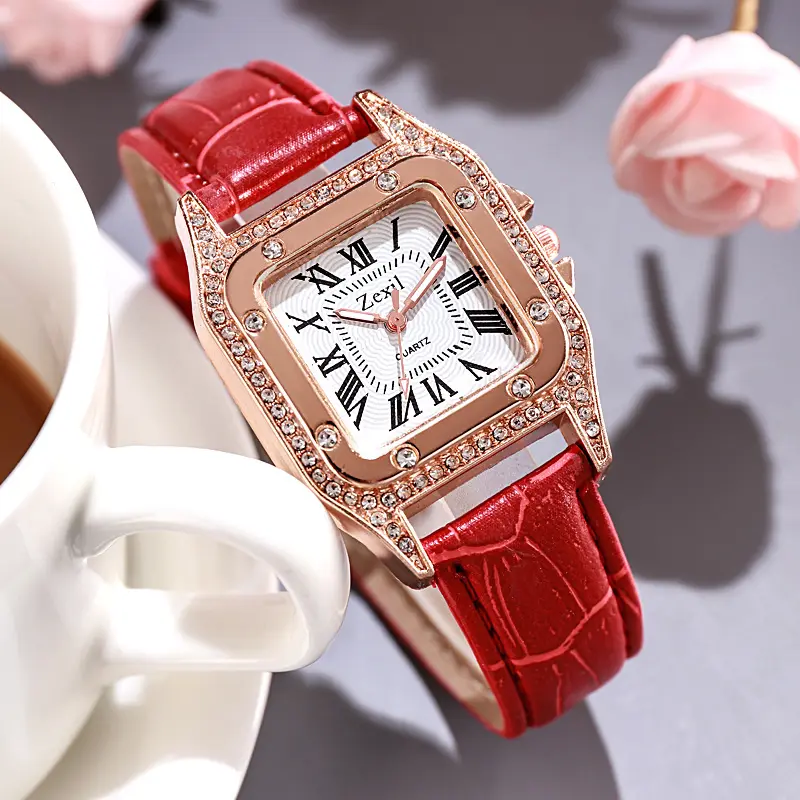 Fashion Square Diamond Inlaid Women's Belt Watch Simple Roman Numerals Rhinestone Quartz Watch