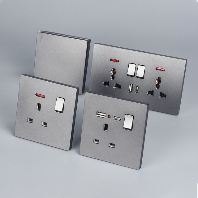 Switch and Socket 16A 3Pin Universal Switch and Wall Socket With Neon Grey Color Wall Outlet