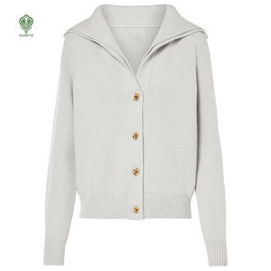 Cardigan da donna in maglia semplice di lana in maglia a tinta unita all'ingrosso abbigliamento di lusso invernale personalizzato con doppio colletto - Product Image 1