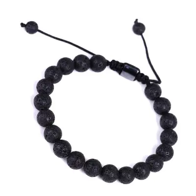 Pulsera de piedra de Lava negra trenzada de 8mm para hombre y mujer, brazalete ajustable, joyería para amantes