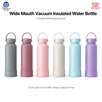 Bouteille d'eau isotherme à large ouverture en acier inoxydable avec poignée en D et base en silicone, six couleurs pastel, personnalisable OEM