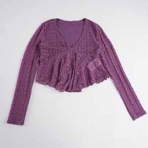 Cut Out Lace V Neck Long Sleeve <b>Top</b> Asymmetrical Hem Sheer American Vintage Hot Girl Elegant <b>Layering</b> Tee - Product Image 6