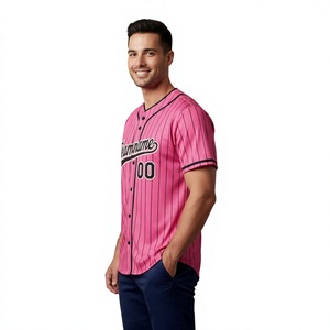 Pink Striped <b>Baseball</b> Jersey Men's Short Sleeve Button Front Breathable Polyester Teamname 00 Print Regular Fit Apparel - Product Image 3