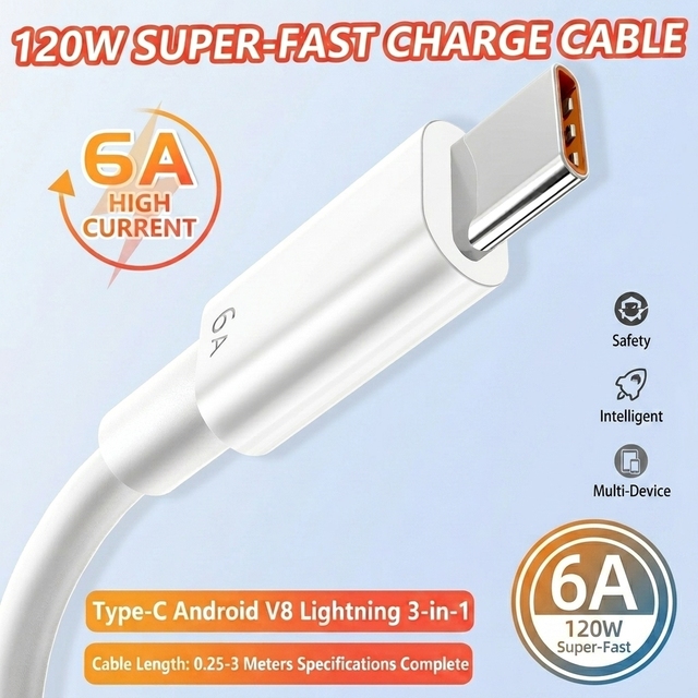 2026 New 3 Meters Long 120W Type-C Fast Charge Data Cable Suitable for Ios and Android TPE Eco-friendly Material