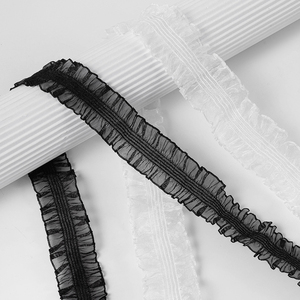Cinta de encaje floral elástica de organza transparente con doble fruncido de 3 cm para prendas de vestir, vestidos, bricolaje y ropa de muñecas - Product Image 6