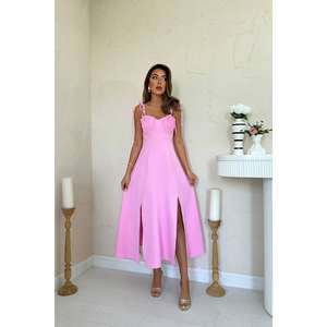 Vestido de noche rosa de satén con corte en A, escote corazón y cintura imperio - Product Image 1