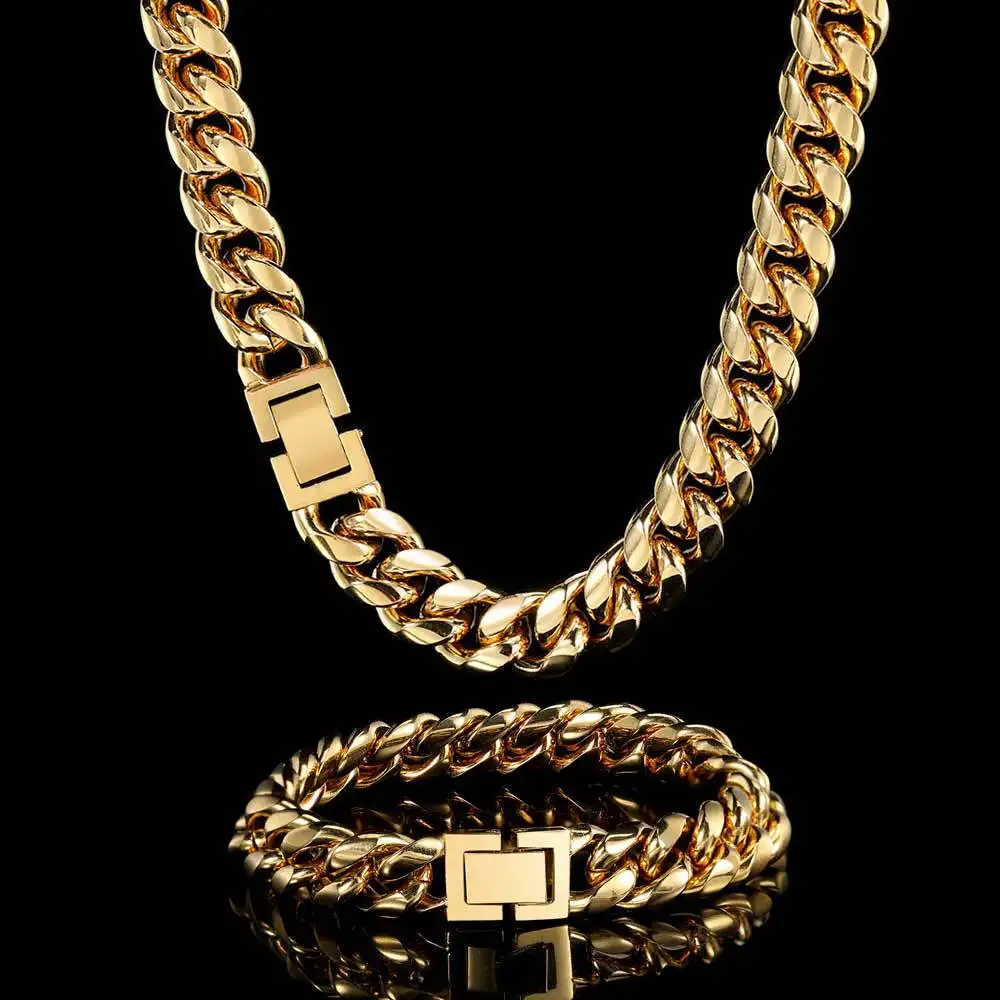 RQ Titanium Cuban Link Cadena de oro Mens Miami Stainless Steel 14k 18k Gold Plated Chain Necklace Cuban Link Chain for Man