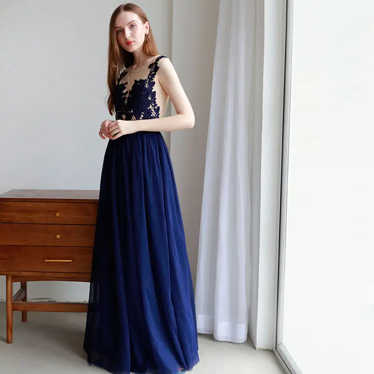 Super trend sleeveless o-neck backless chiffon ladies dinner prom appliqued simple dress blue aline gowns for women