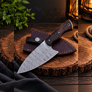 Couteau de chef artisanal en acier Damas de qualité industrielle avec manche en bois et étui en cuir pour le camping en plein air - Product Image 1