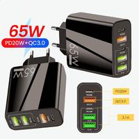 Charger Dinding USB 5 Port 65W PD20W QC3.0 Pengisian Cepat 2 Type-C 3 USB-A Adaptor Multi Perangkat Colokan EU US UK untuk Ponsel Tablet Laptop