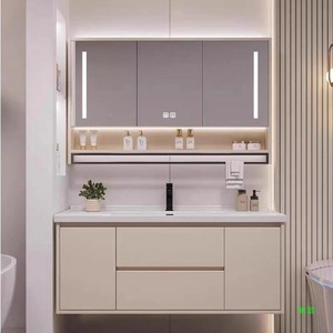 Meuble de salle de bain intelligent intégré moderne en bois massif et céramique, avec lavabo intégré - Product Image 1