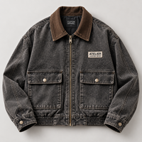 Blouson Bomber en Toile Lavée Style Vintage Personnalisé avec Col en Velours Côtelé, Veste de Travail en Toile pour Homme OEM ODM avec Logo Brodé