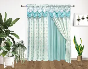 Luxury Living Room Window Curtains With Attached Beads Valance 2 Pieces 1 Set
