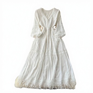 Vestido Maxi Boho Blanco con Cuello en V, Adorno de Encaje, Manga Abullonada, Corte en A, Holgado, de Algodón, Casual, para Primavera - Product Image 3