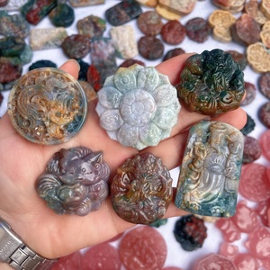 Venta al por mayor a granel de artesanía de tallado de cuarzo con cristales curativos de Reiki, de jaspe oceánico natural, con diseño de ocho diagramas del Dios de la Riqueza, para decoración - Product Image 1