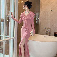 ZYHT 20921 Nouvelle Robe Longue Rose à Volants et Col en V en Coton Extensible Coupe Sirène pour Femme, Taille Naturelle Printemps