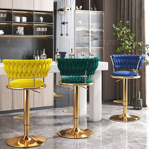 Sgabello da Bar di Lusso in Velluto con Struttura in Metallo Dorato, Altezza Regolabile, Girevole, per <span class=keywords><strong>Cucina</strong></span>, Isola, Bar e Ristorante - Product Image 2