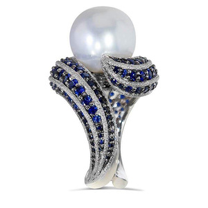 Anello Cocktail T0775 in Argento 925 con Perla di Acqua Salata e Gemme Blu, Gioiello Raffinato da Donna per Matrimonio - Product Image 2