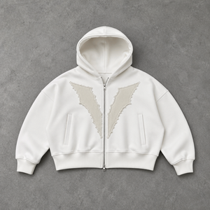 Custom 2 Piece <b>Tracksuit</b> Set <b>White</b> Cropped Zip Hoodie Wide Leg Flared Sweatpants Applique Patch Streetwear Manufacturer - Product Image 3