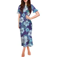 Gaun Midi Motif Bunga Hibiscus, Gaun Lengan Pendek Puff Motif Bunga untuk Wanita Cantik Anak Perempuan