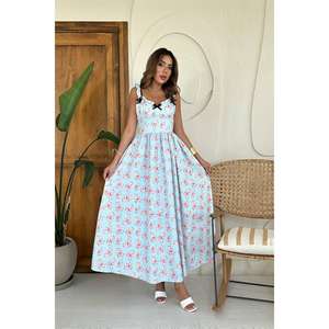 Elegante Vestido Floral Azul Cielo con Tirantes Finos, Corte en A, Cintura Elástica, Tejido Transpirable, para Uso Diario Informal - Product Image 4