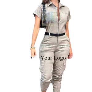 New Women's Fashion Velvet Breathable Zipper Workwear <b>Jumpsuit</b> <b>with</b> Short Sleeved Collar Multiple <b>Pockets</b> Waist Belt <b>Jumpsuit</b> - Product Image 1