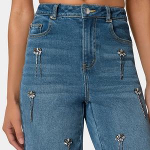 กางเกงยีนส์ขายดีสำหรับผู้หญิง OOTD เอวสูง ทรงตรง กางเกงยีนส์ขากว้างรุ่นใหม่ กางเกงขายาวประดับลูกปัด เอวสูง ทรงหลวม ทรงเข้ารูป - Product Image 3